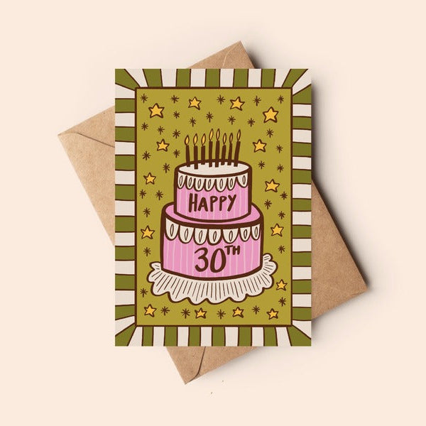 Birthday card with a cake illustration and 'Happy 30th' text, featuring a green and brown striped border.