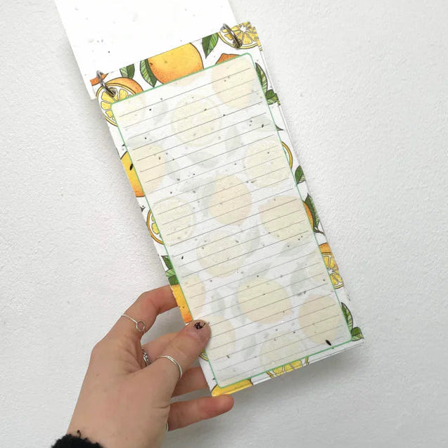 Hand holding a notepad with fruit design on a white background