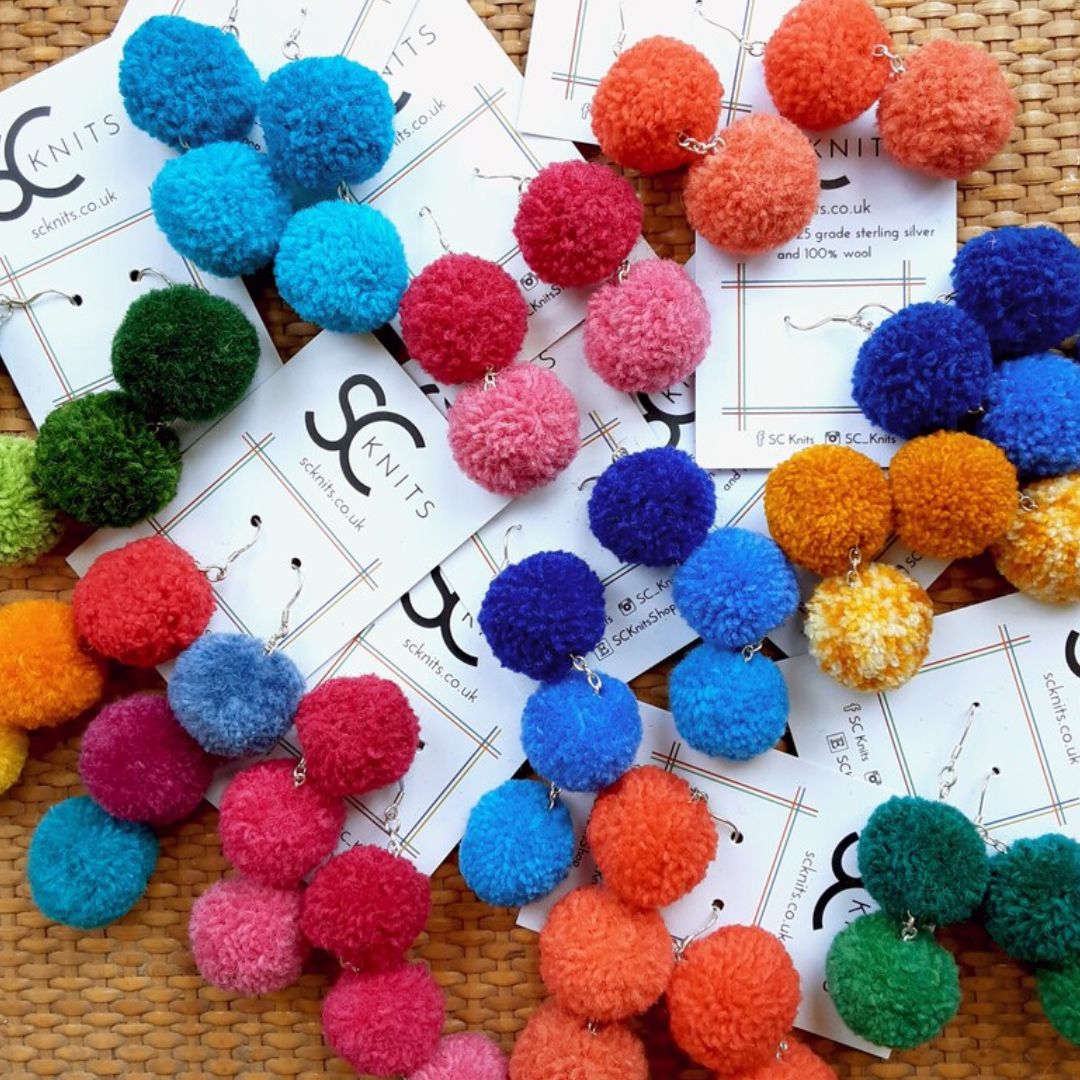 Triple Pompom Earrings - Various Colours